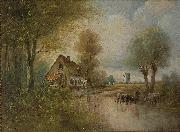 unknow artist Landscape with cows small farm and windmill painting